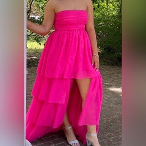 Strapless Hot Pink High-Low Layered Evening Dress